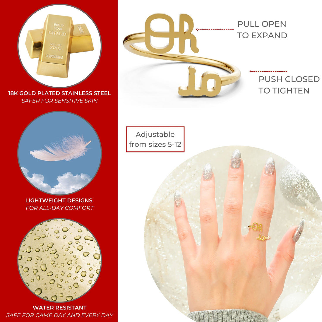 Ohio State Script Oh-io Adjustable Ring - 18K Gold Plated