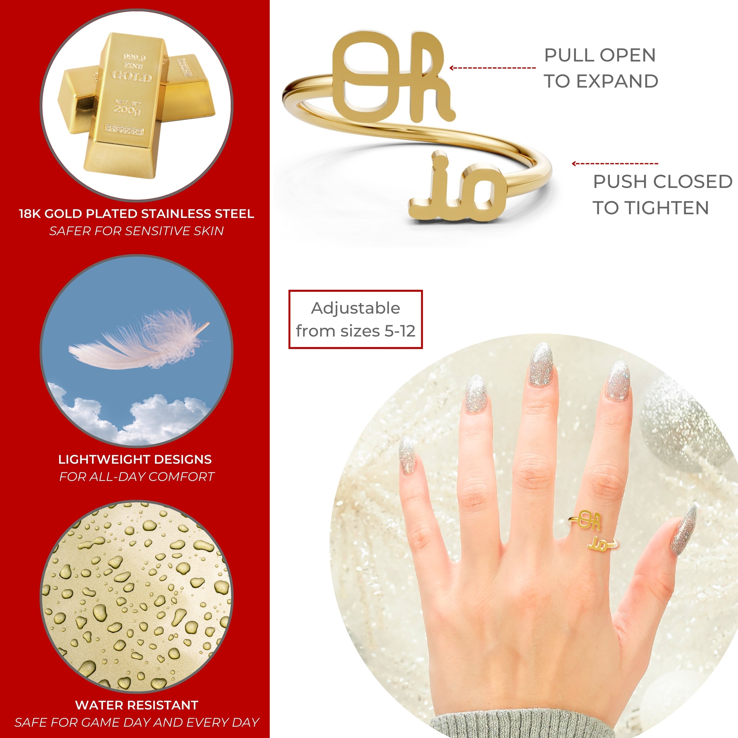 Ohio State Script Oh-io Adjustable Ring - 18K Gold Plated