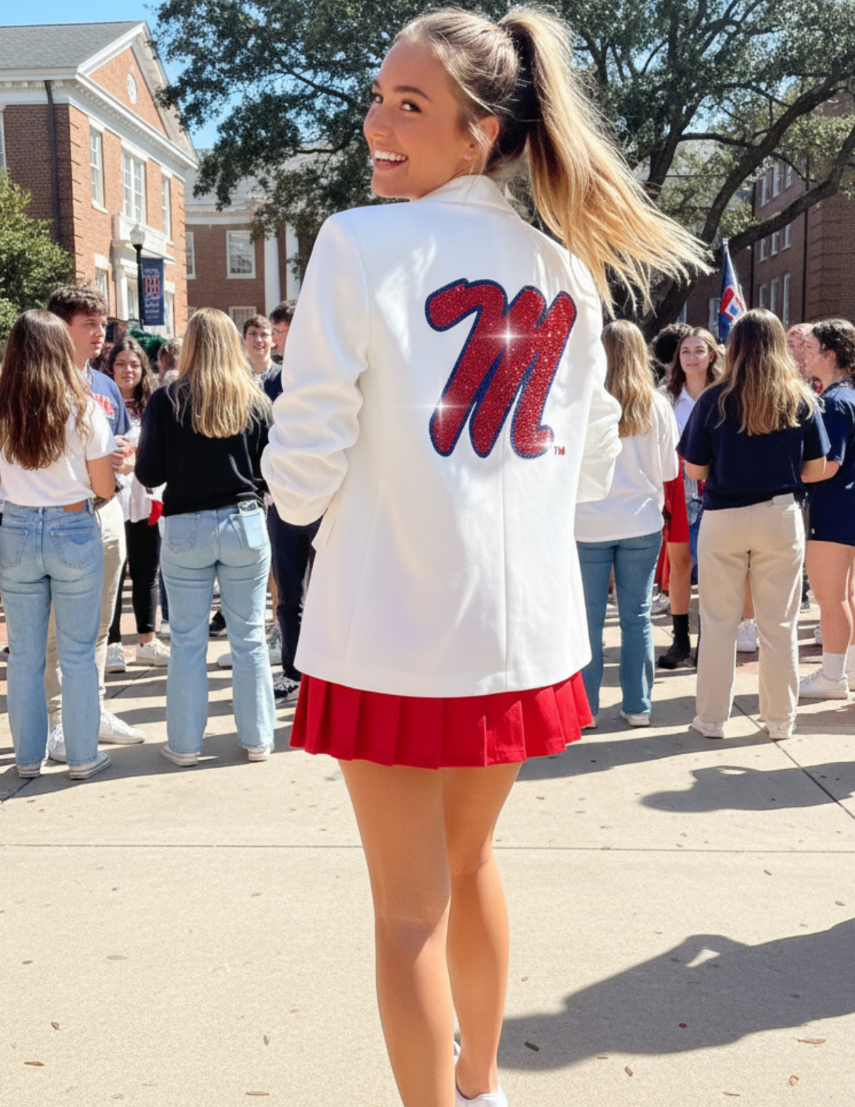 Ole Miss Script M White Ruched Sleeve Blazer