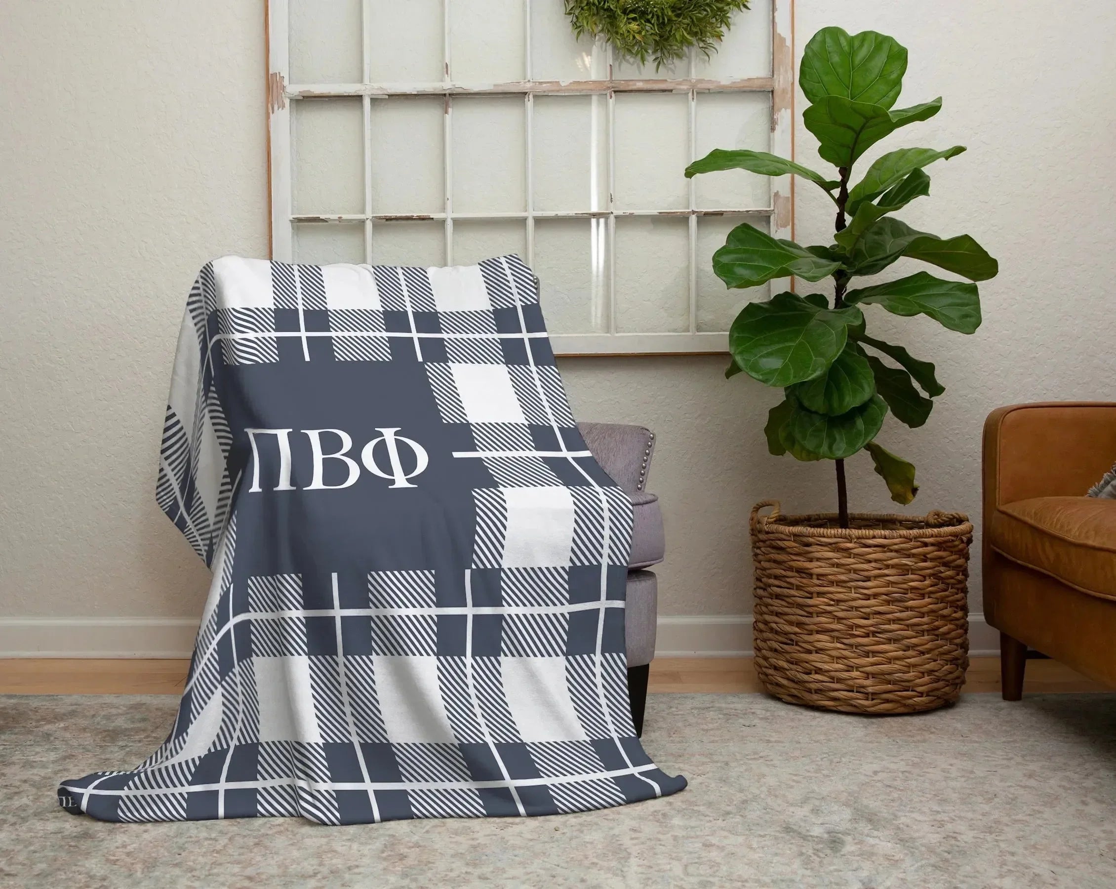 Pi Beta Phi XL 60x80 Sherpa Throw Blanket - Gray Plaid