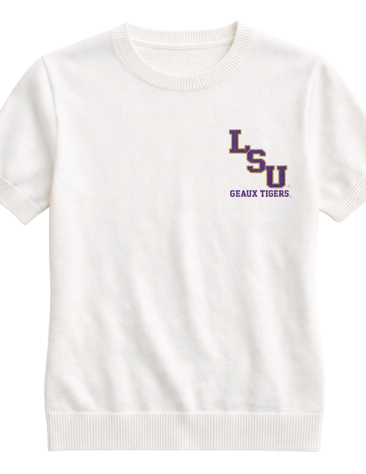 Louisiana State University Small Block Letters Geaux Tigers Ivory Short Sleeve Sweater