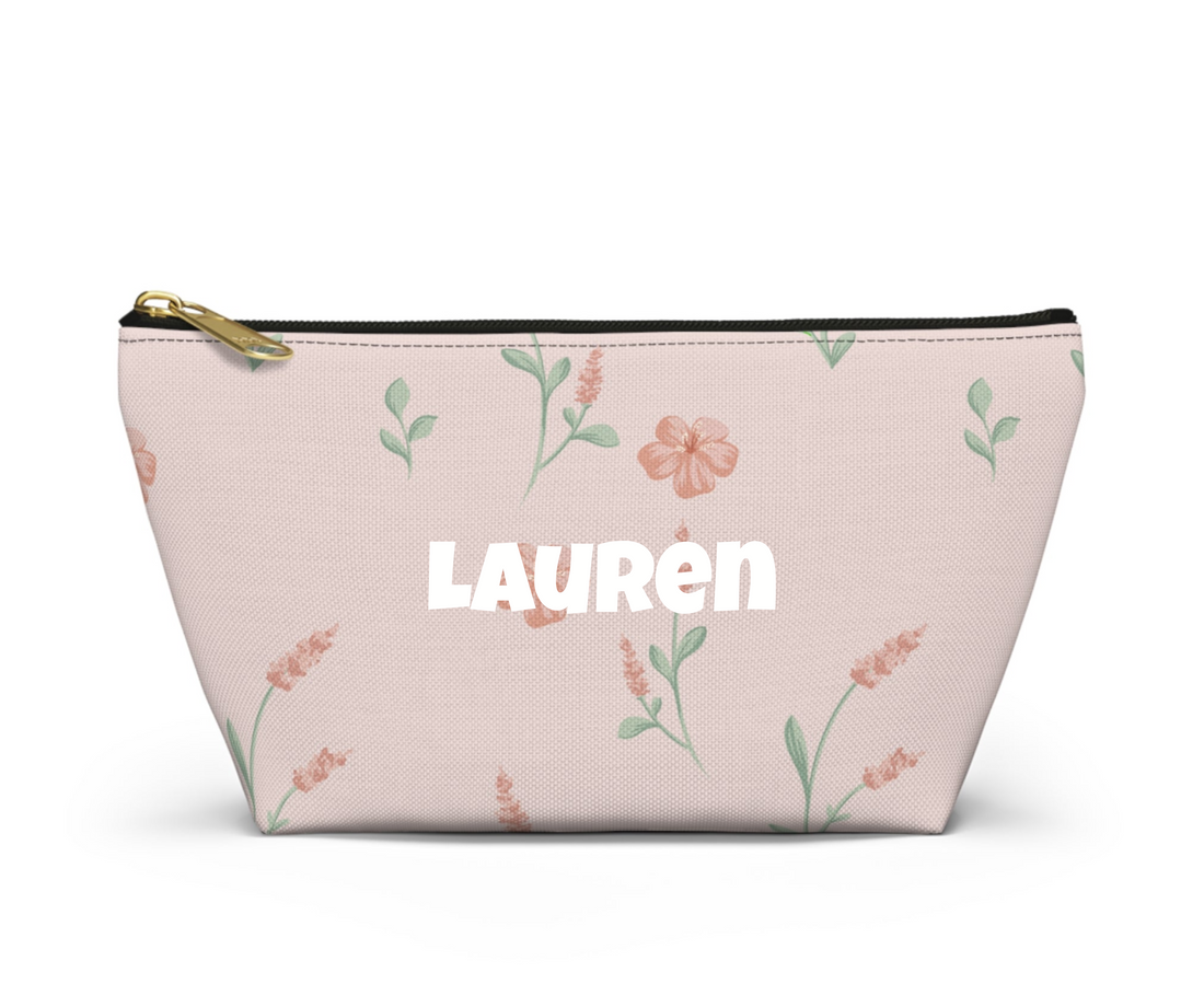 Floral-patterned pouch on a white background