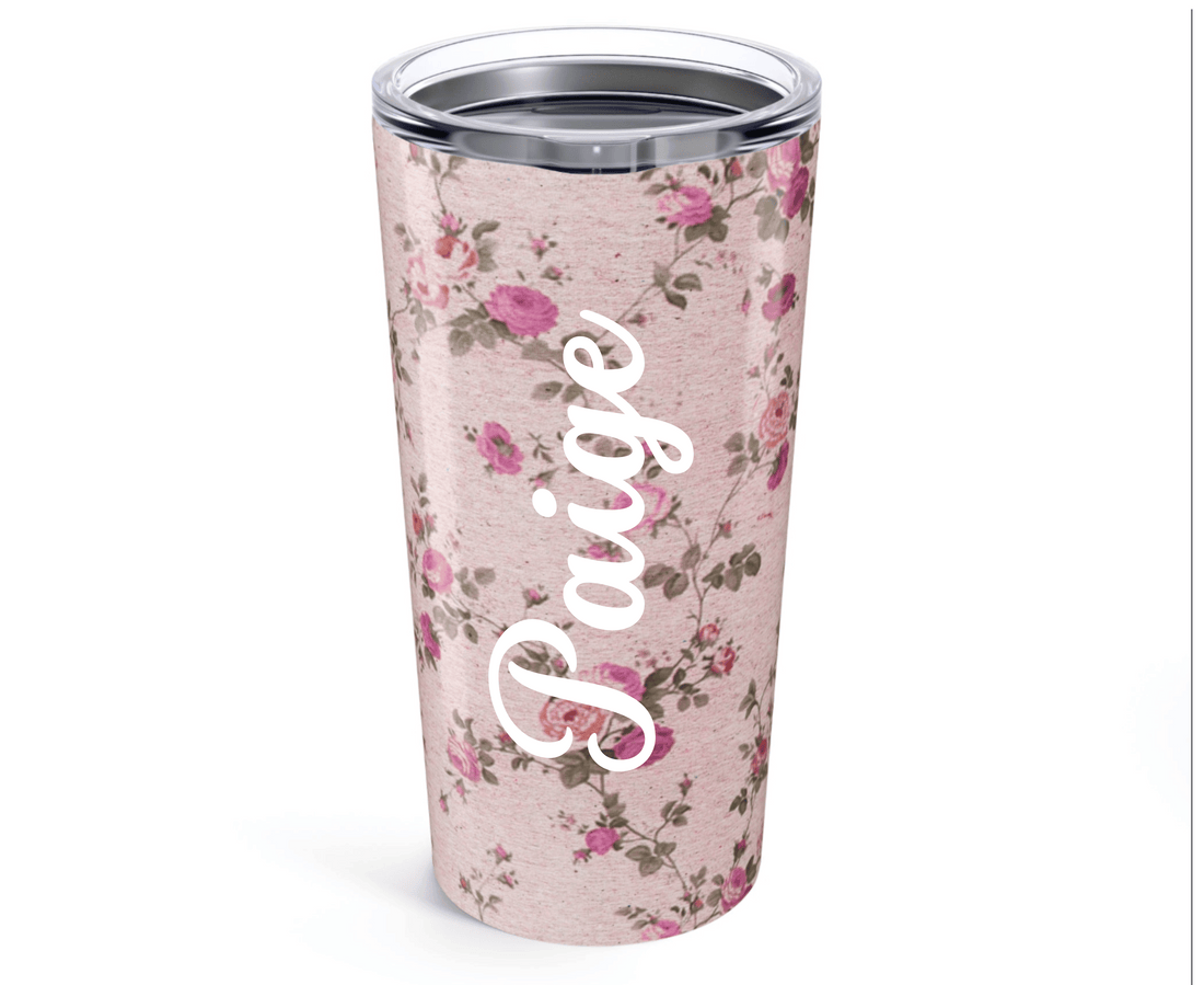 Floral-patterned tumbler on a Pink background