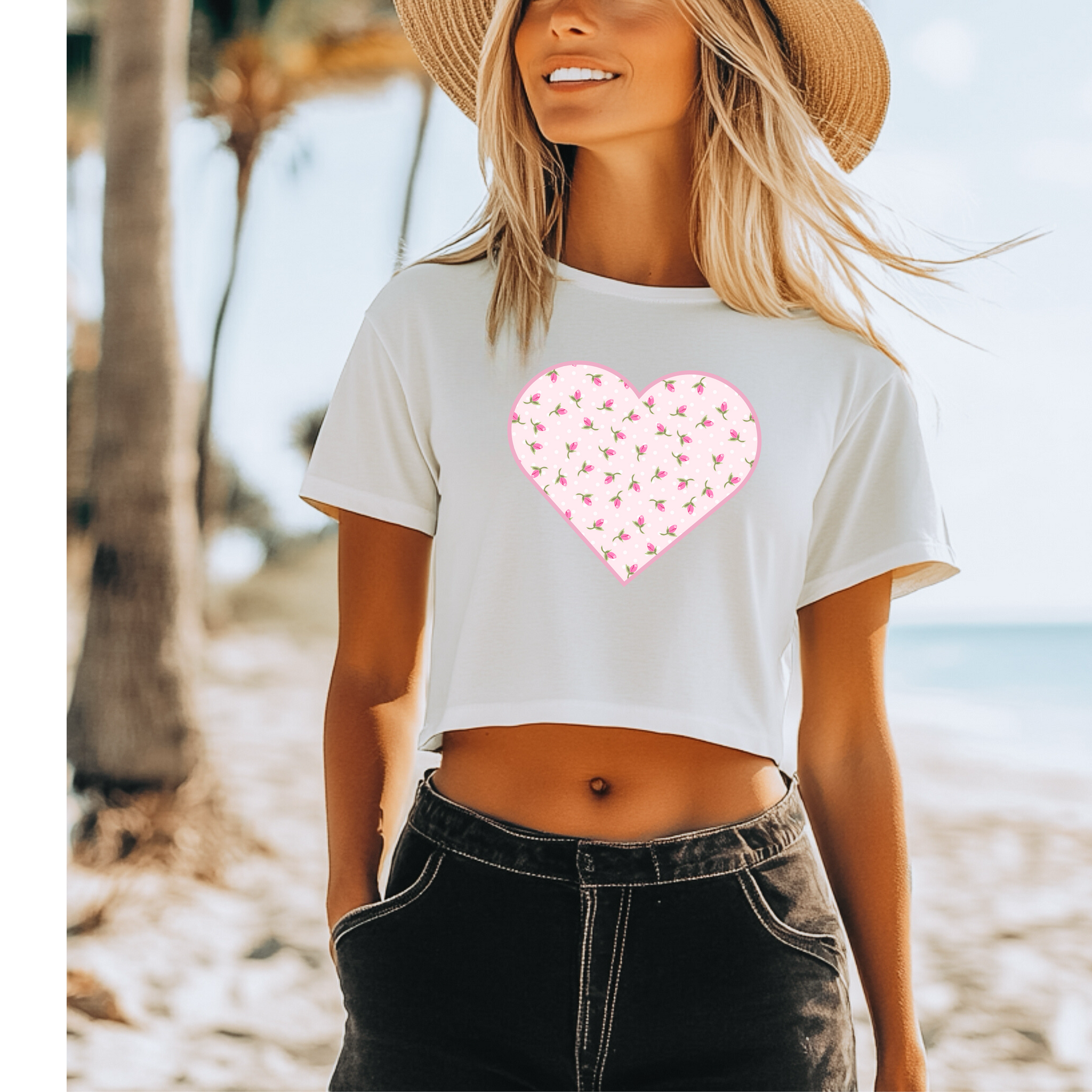 Customizable Polka Dot Pink Floral Heart Cropped Tee