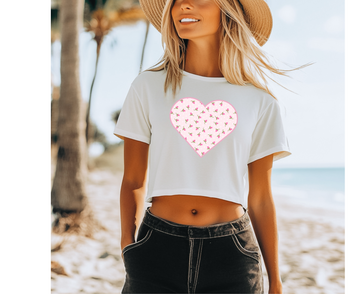 Customizable Polka Dot Pink Floral Heart Cropped Tee