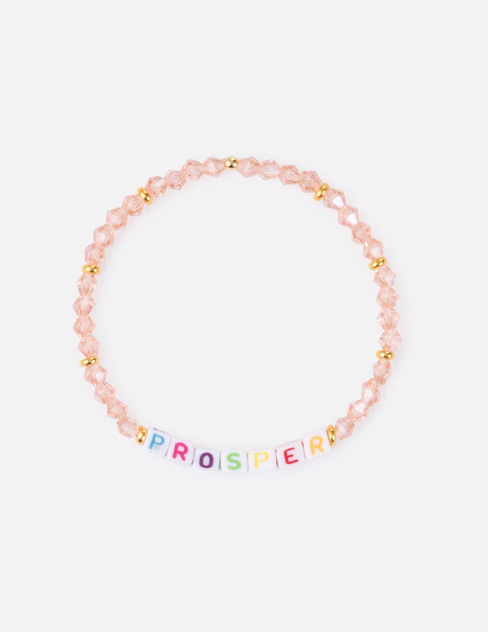 Pink beaded bracelet with colorful letter beads on a white background
