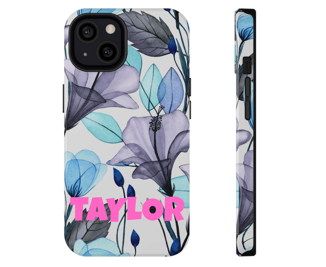 Phone case with blue and gray floral design on a white background