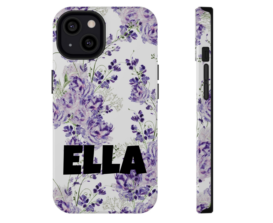 Phone case with purple floral pattern on a white background