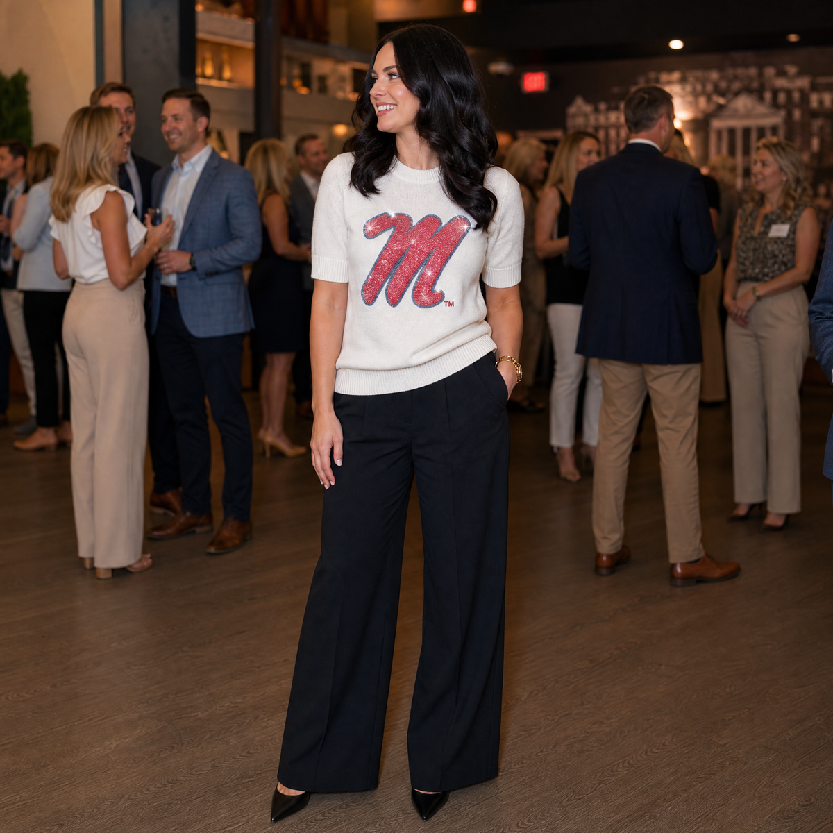 University of Mississippi Script M Ivory Short Sleeve Sweater