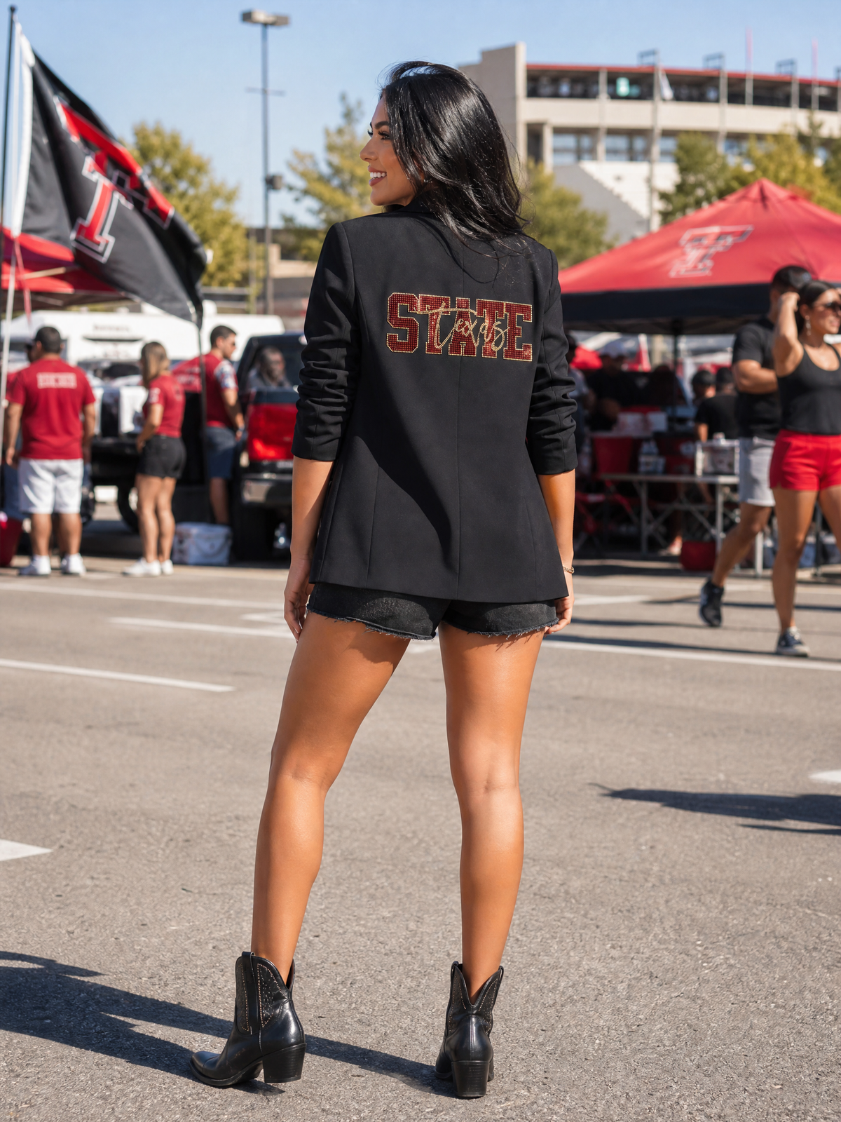 Texas State Script Ruched Sleeve Black Blazer