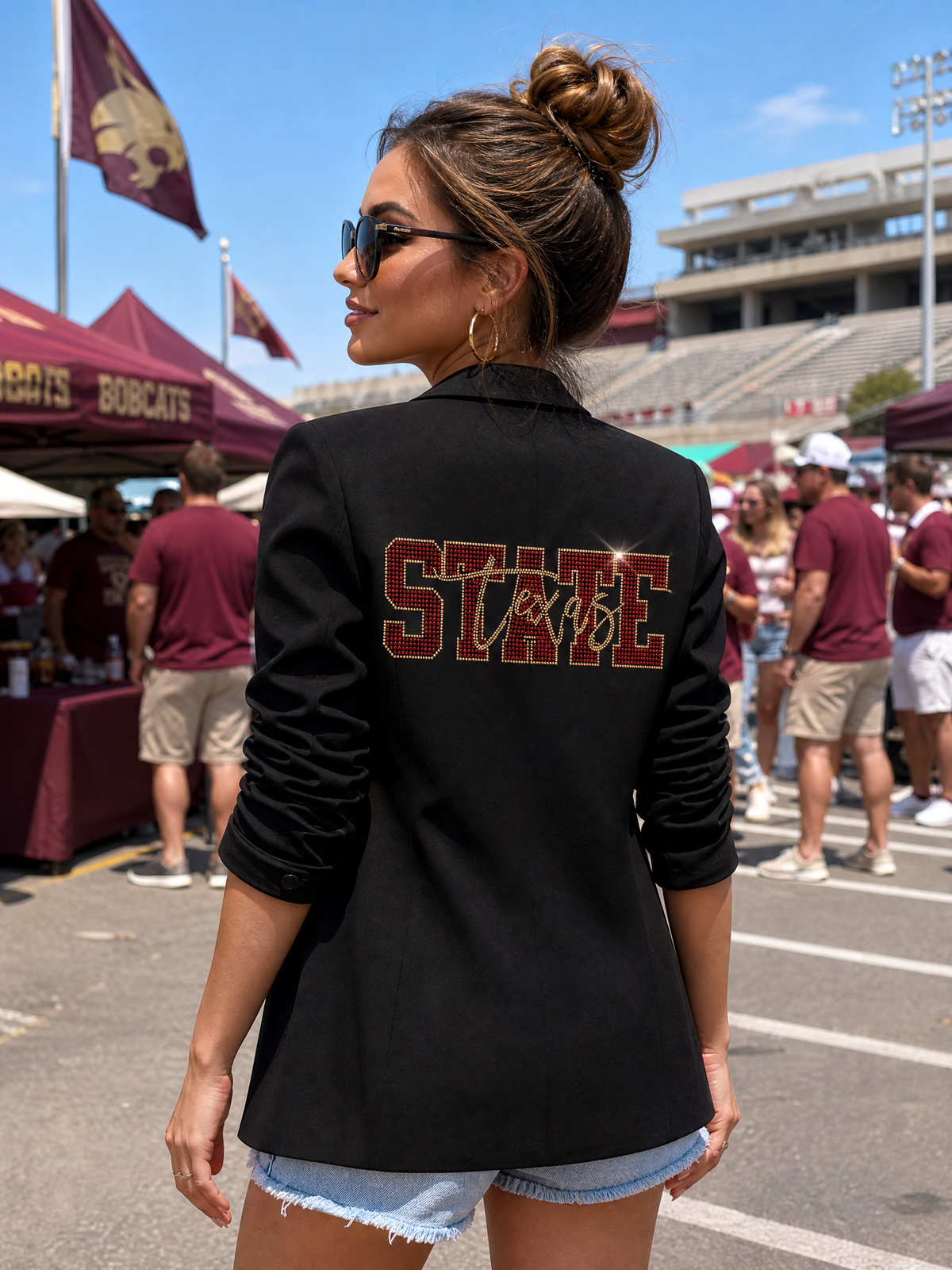 Texas State Script Ruched Sleeve Black Blazer