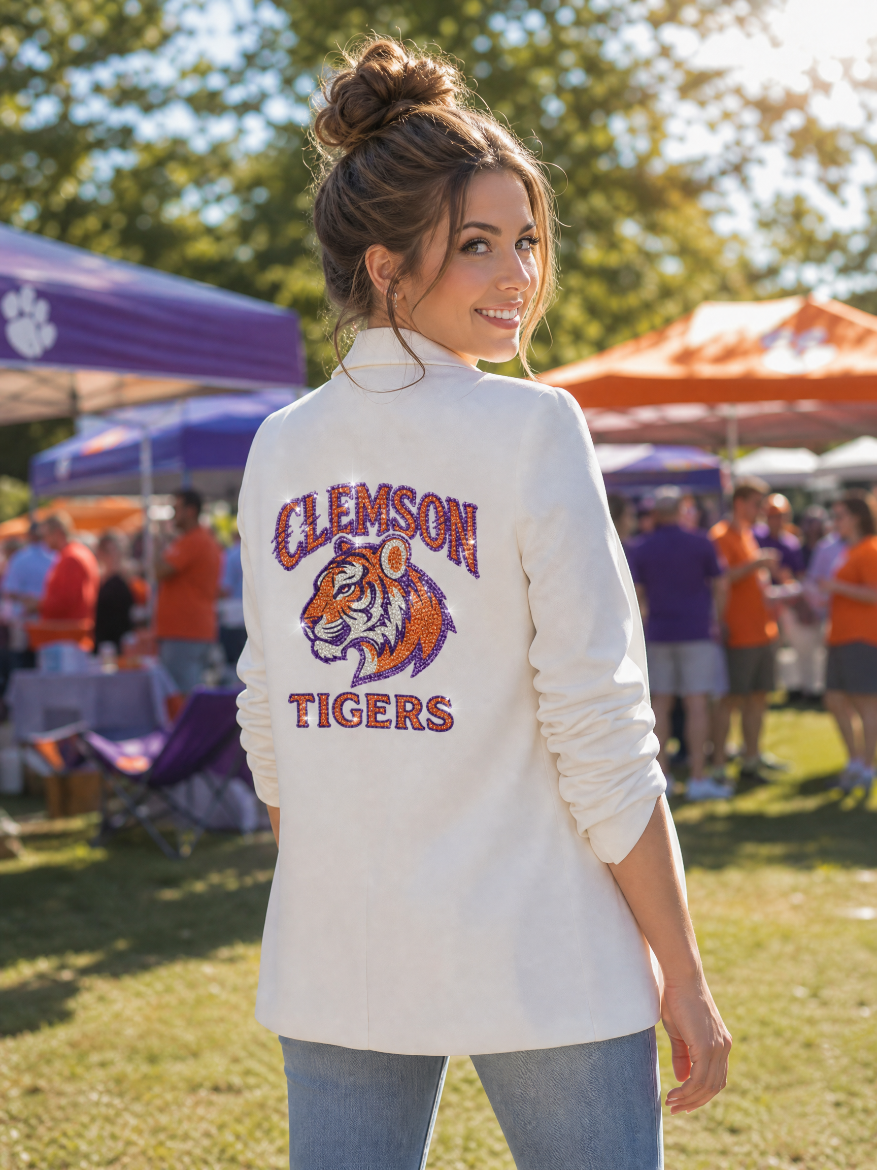 Clemson University Tiger Head Clemson Tigers White Ruched Sleeve Blazer