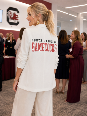 University of South Carolina Gamecocks Script White Ruched Sleeve Blazer