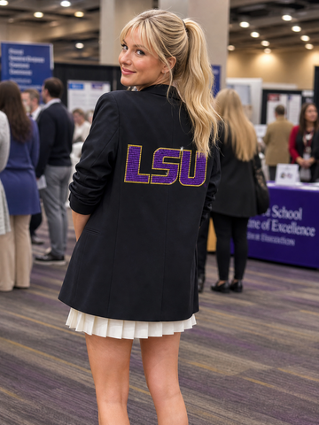 Louisiana State University Crystal Block Letters Black Ruched Sleeve Blazer