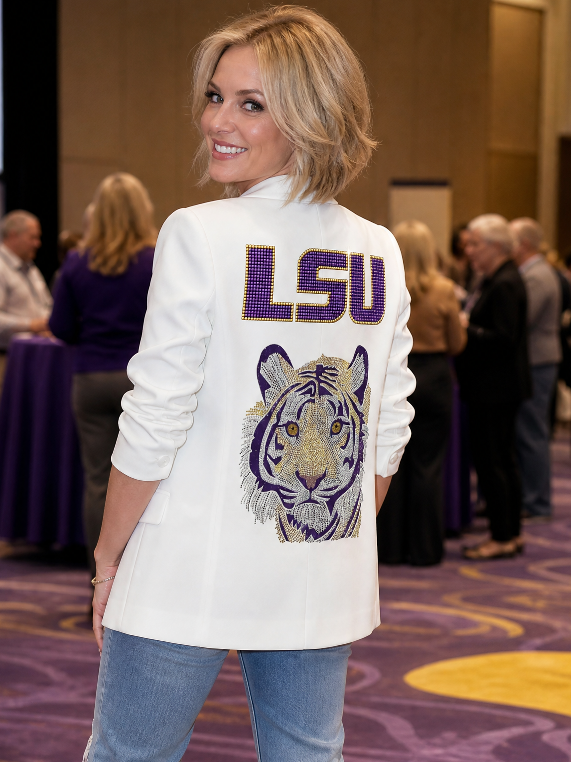 Louisiana State University Purple Tiger White Ruched Sleeve Blazer