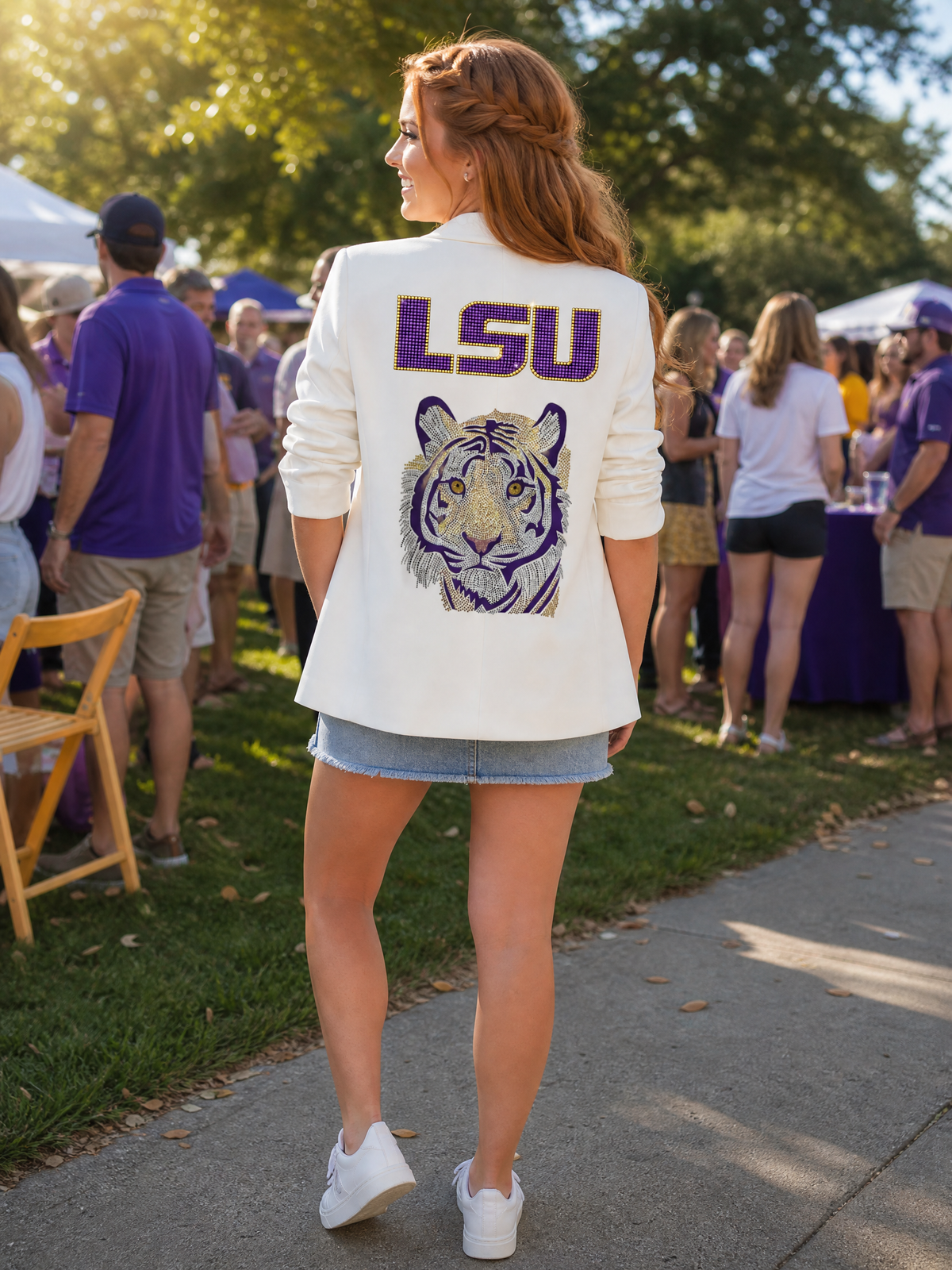 Louisiana State University Purple Tiger White Ruched Sleeve Blazer