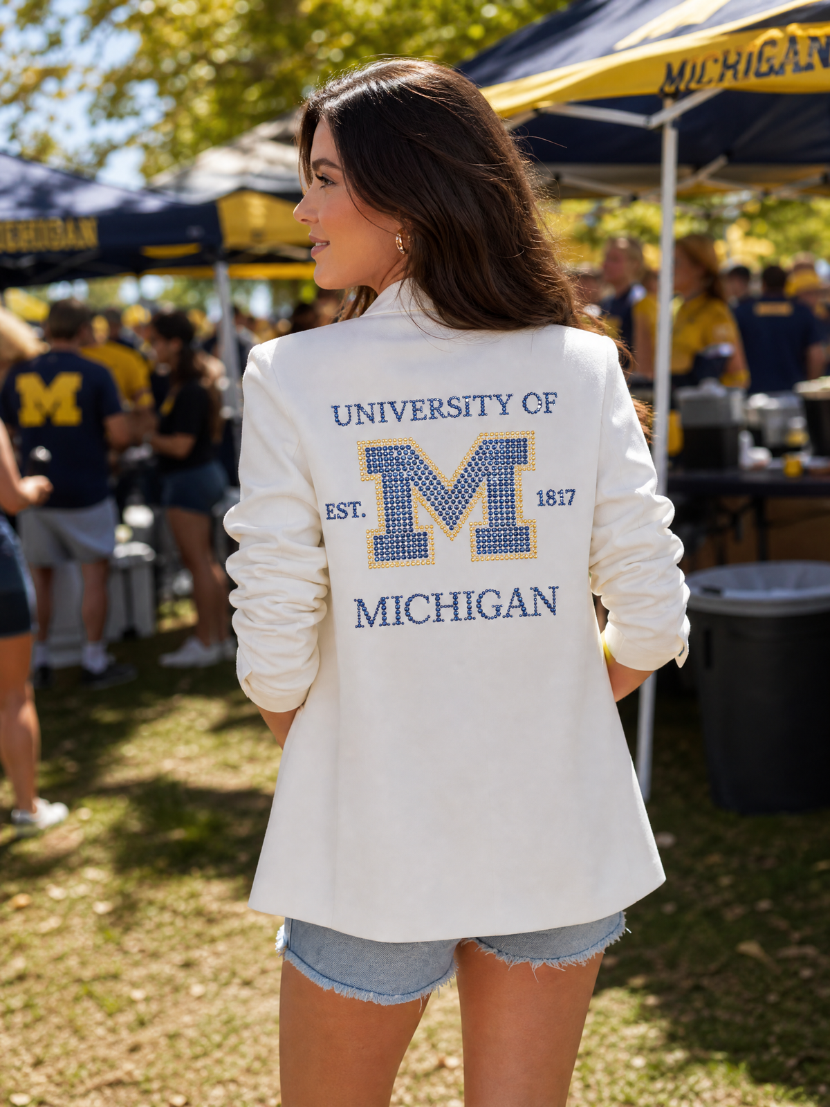University of Michigan Est 1817 White Ruched Sleeve Blazer