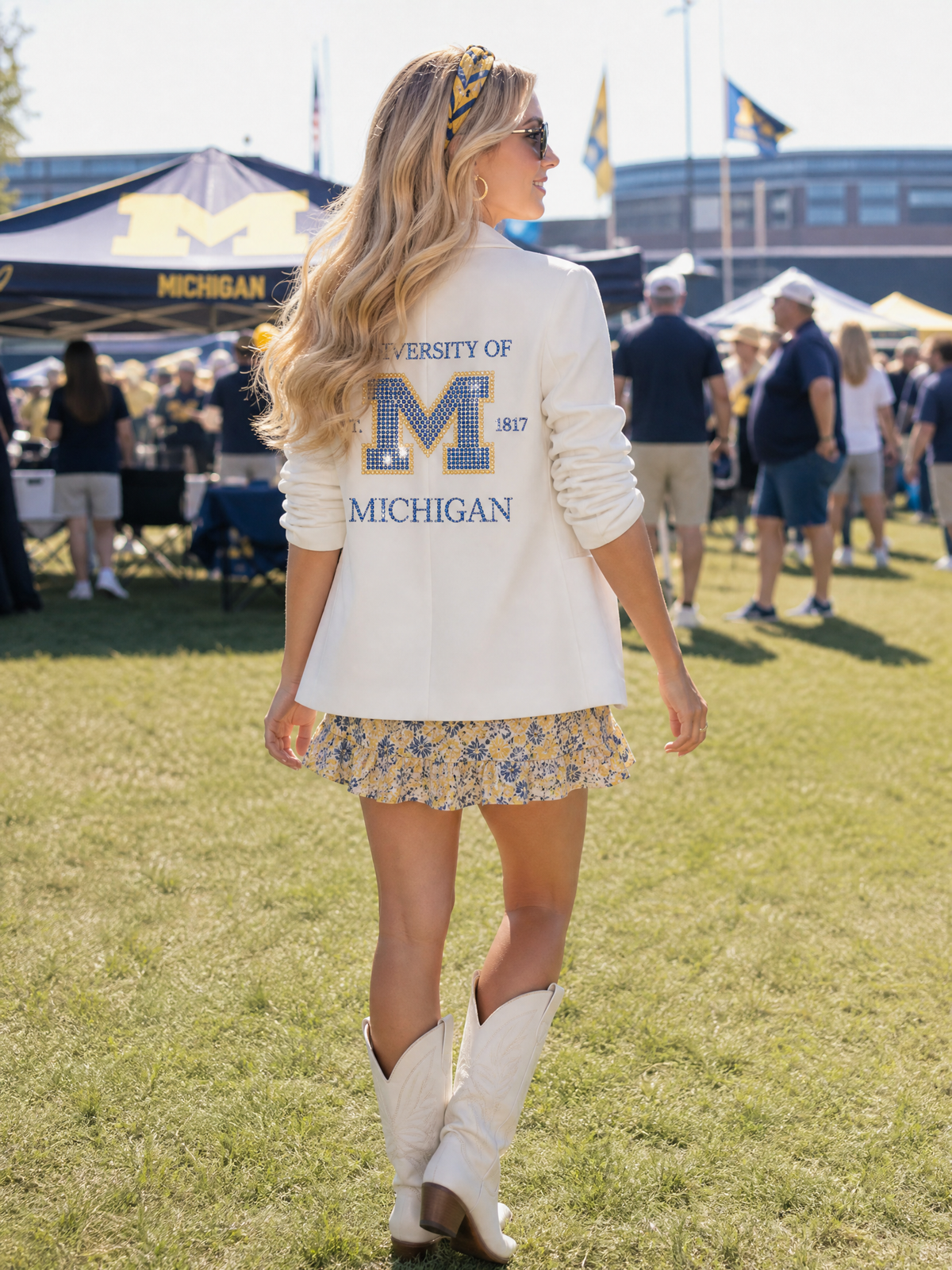 University of Michigan Est 1817 White Ruched Sleeve Blazer