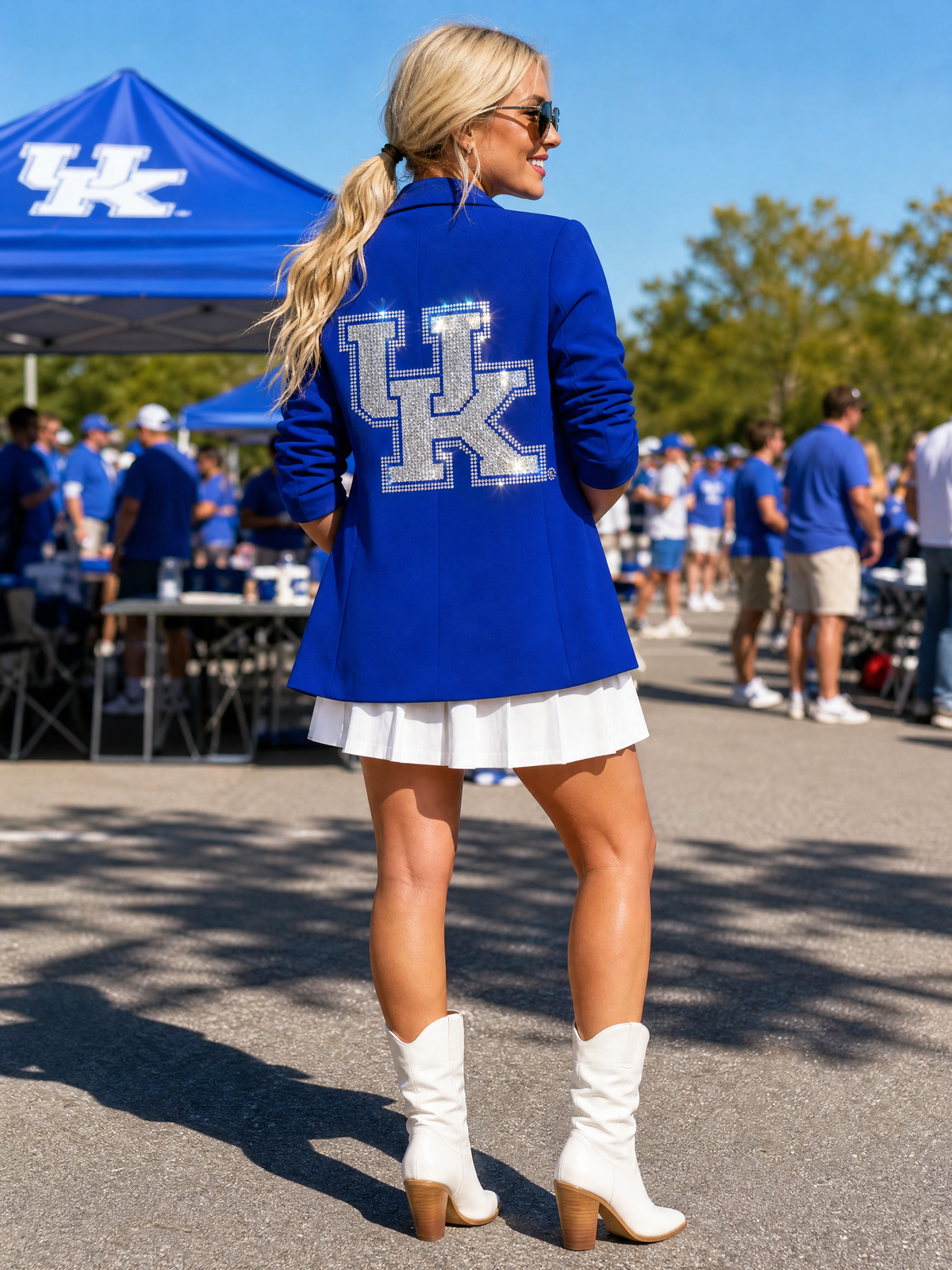 University of Kentucky White Interlocking UK Royal Blue Ruched Sleeve Blazer