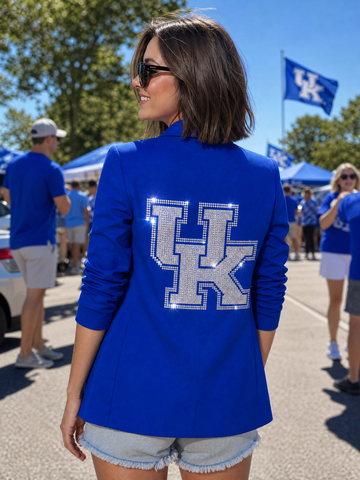 University of Kentucky White Interlocking UK Royal Blue Ruched Sleeve Blazer