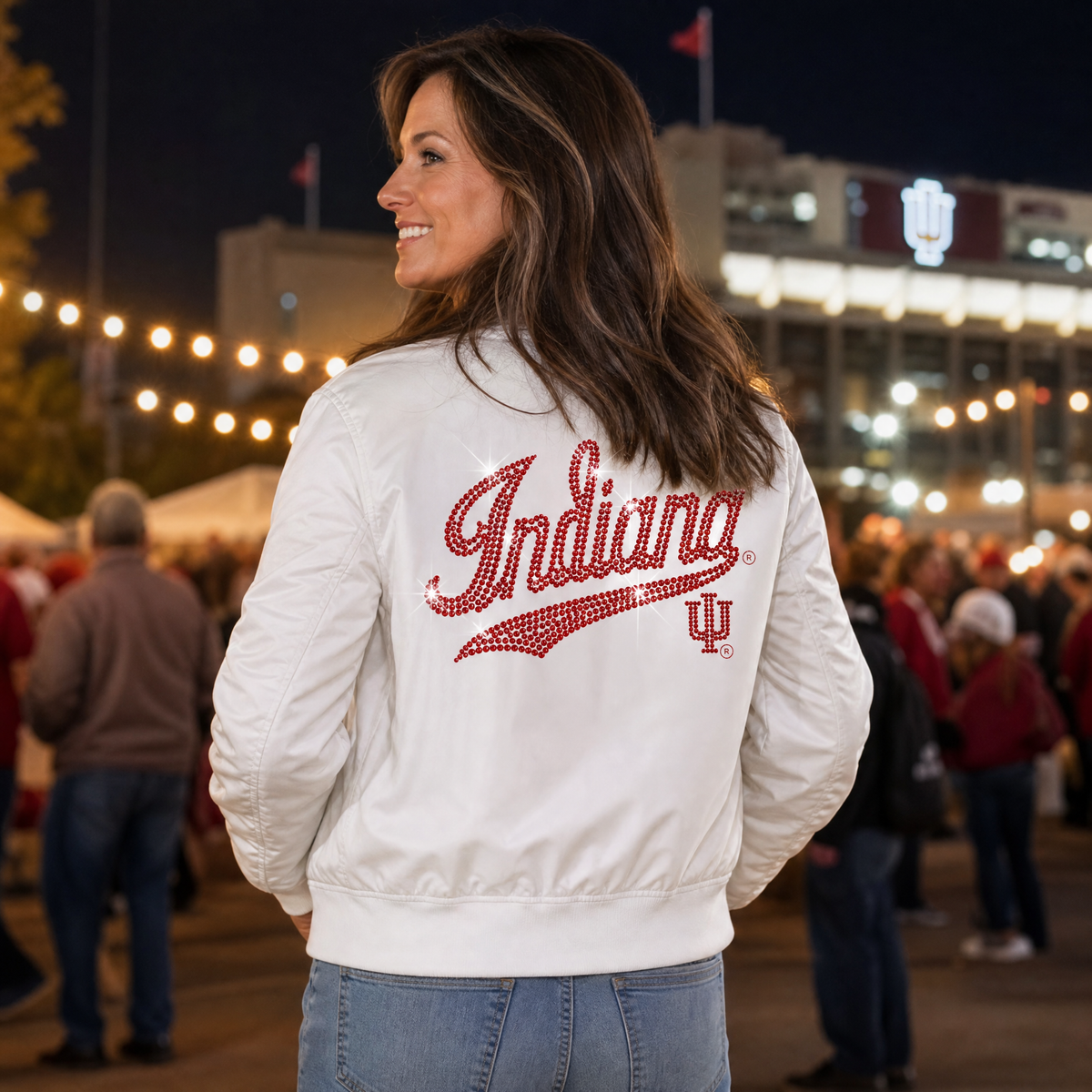 Indiana University Script Trident White Bomber Jacket
