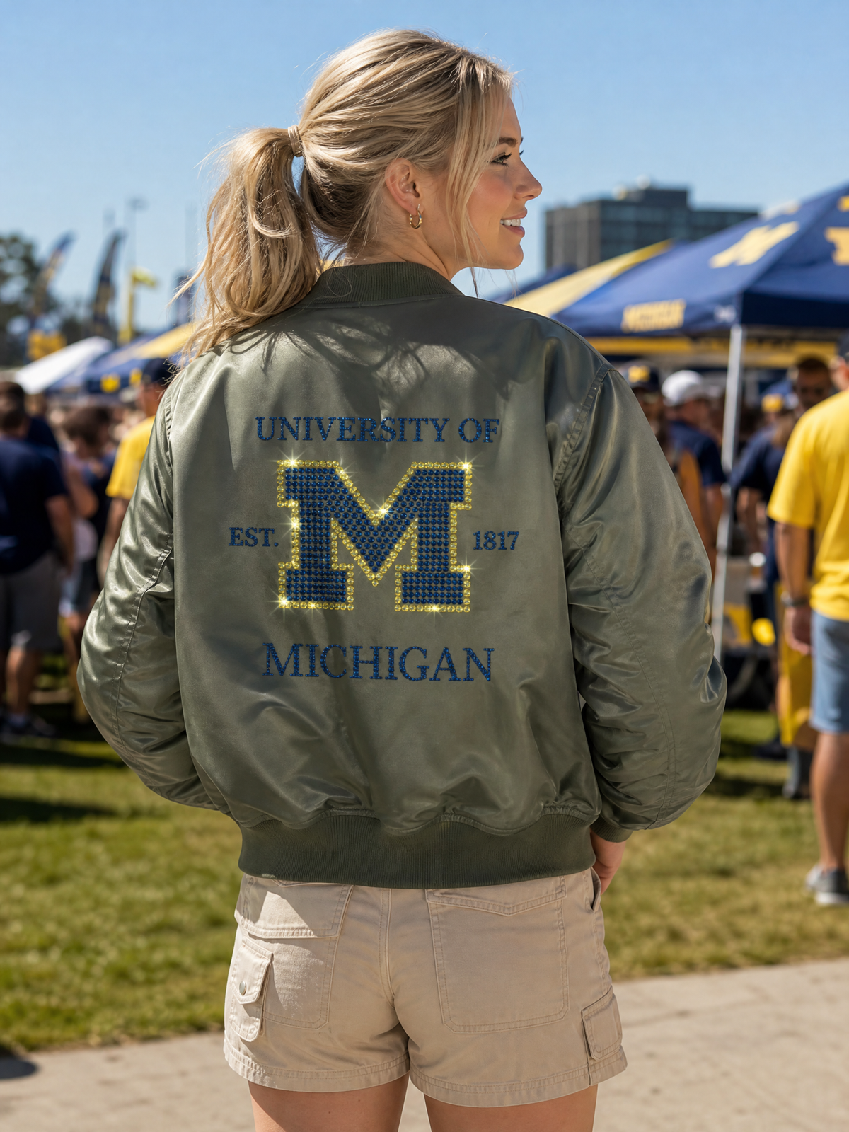 University of Michigan Est 1817 Army Green Bomber Jacket