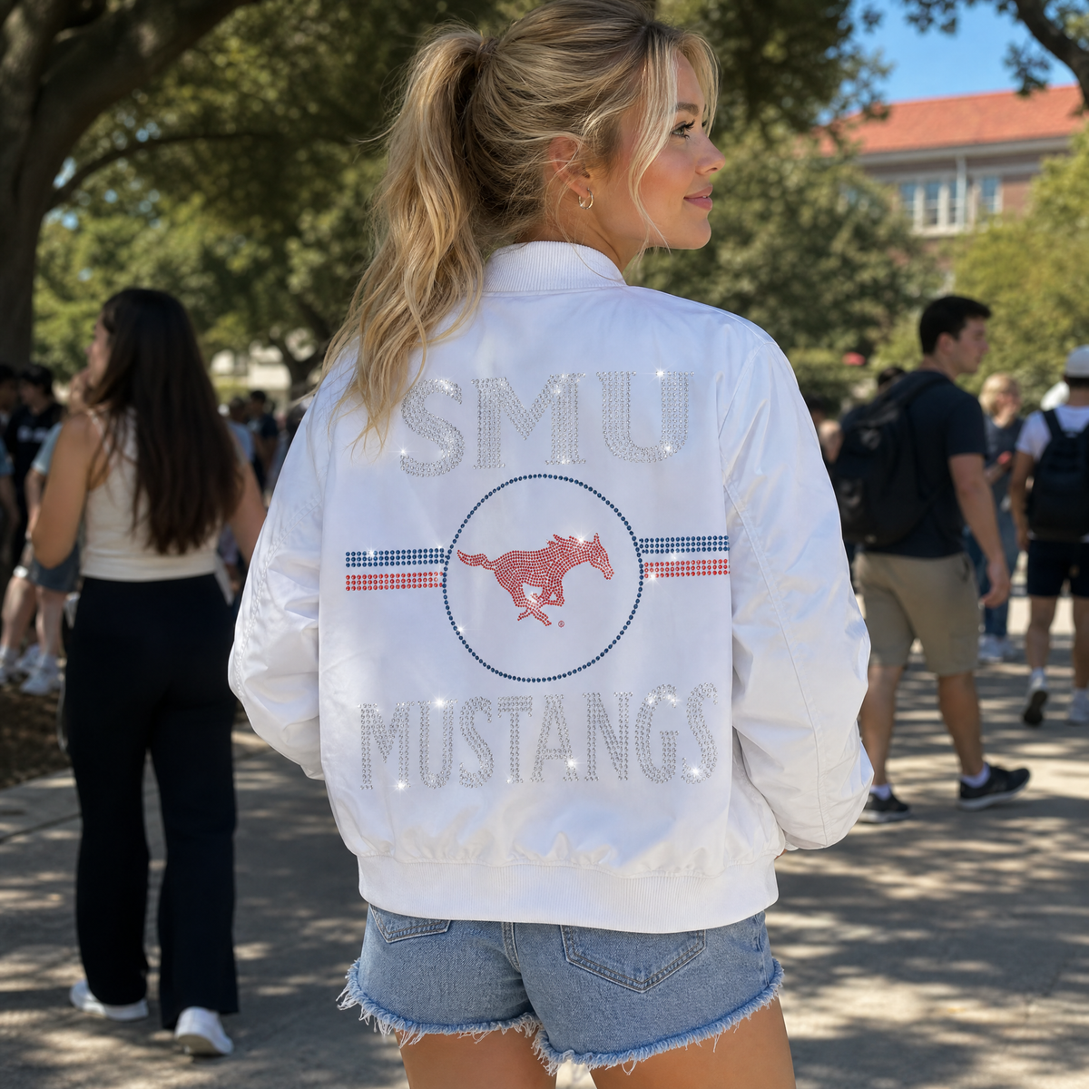 SMU Stripe Mustangs White Bomber Jacket