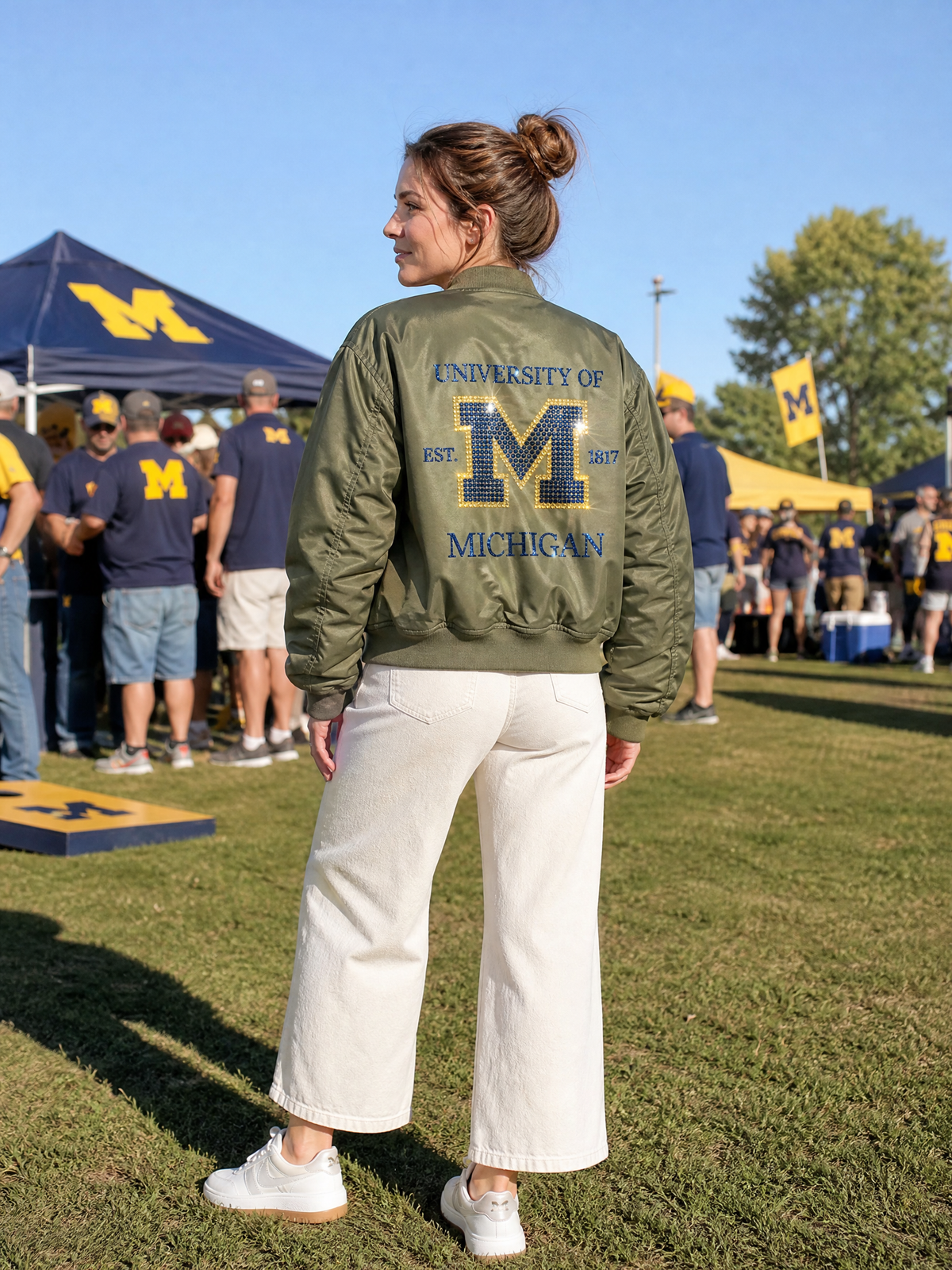 University of Michigan Est 1817 Army Green Bomber Jacket