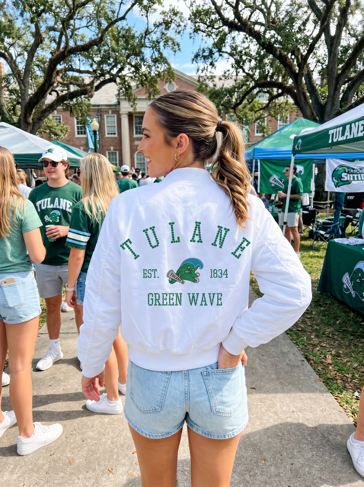 Tulane Vintage Green Wave EST 1834 White Bomber Jacket