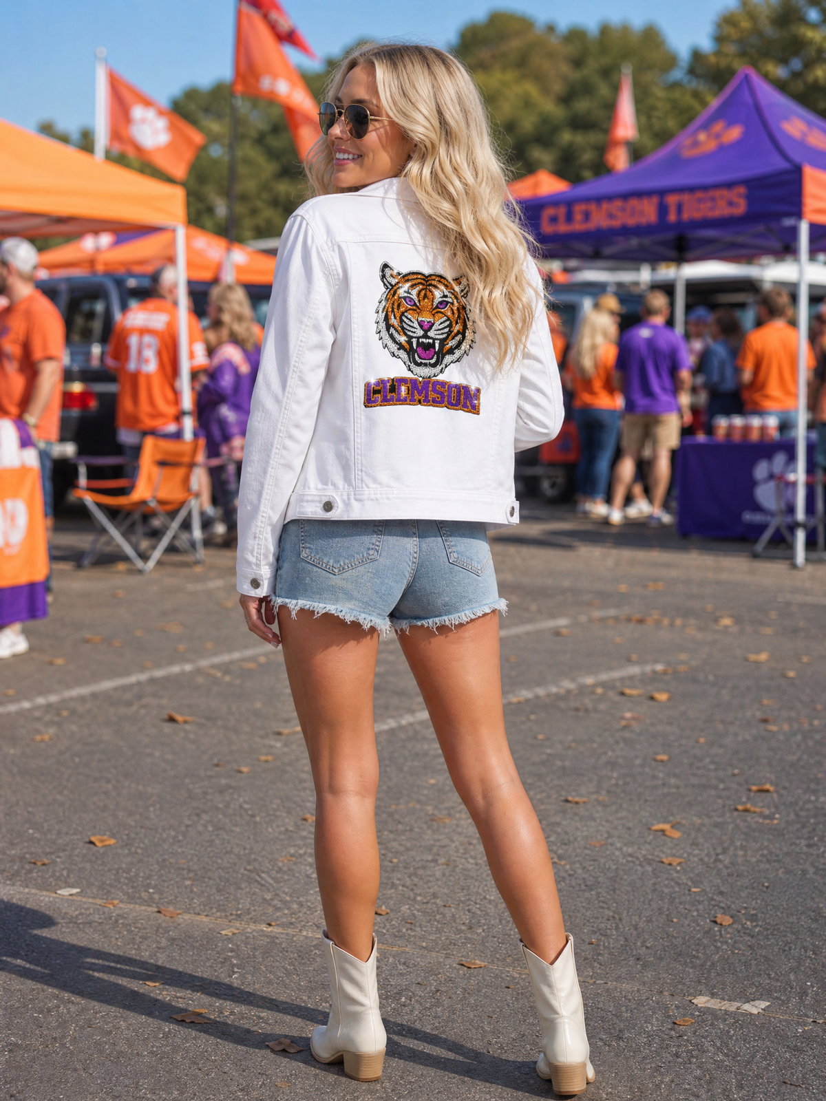 Clemson University Fierce Tiger Face Clemson White Denim Jacket