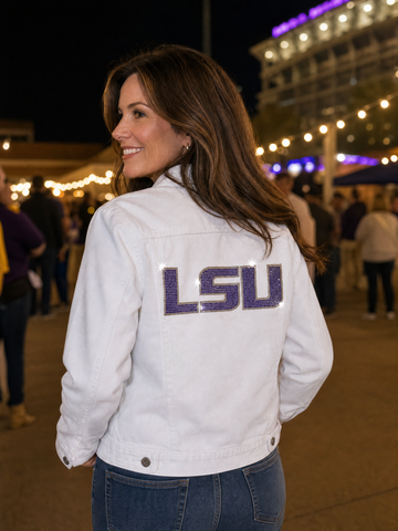 Louisiana State University Crystal Block Letters White Denim Jacket