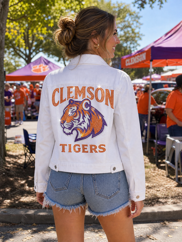 Clemson University Tiger Head Clemson Tigers White Denim Jacket