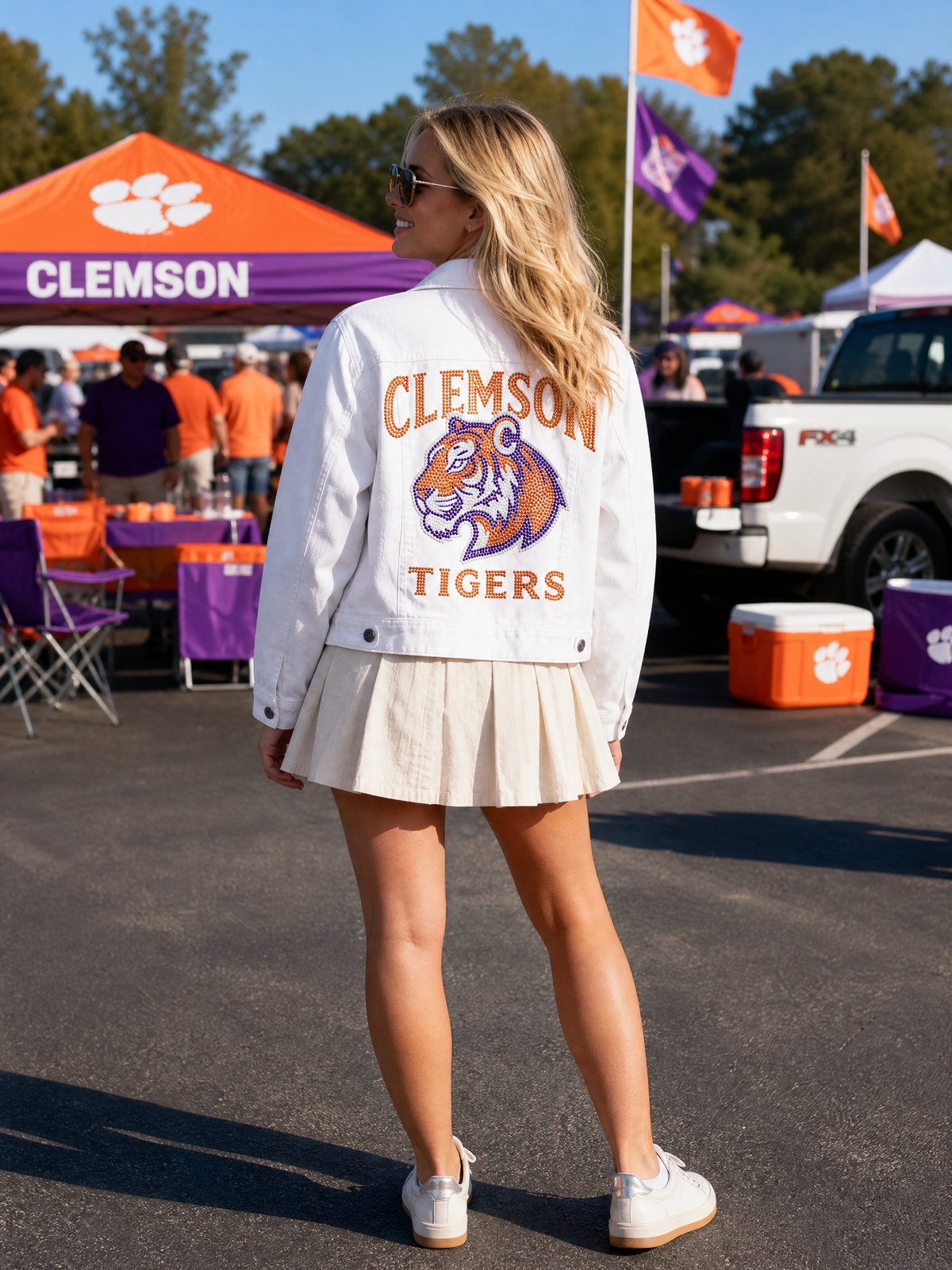 Clemson University Tiger Head Clemson Tigers White Denim Jacket