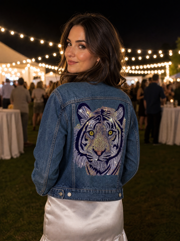 Purple Tiger Face Blue Denim Jacket