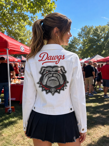 University of Georgia Bulldog & Dawgs Script White Denim Jacket