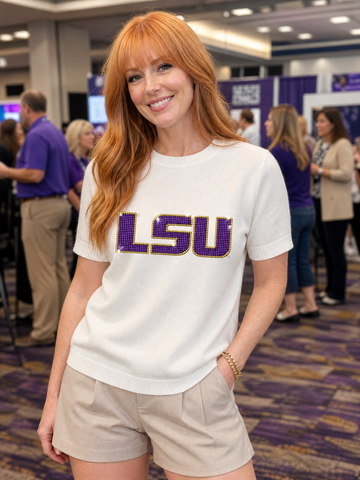 Louisiana State University Crystal Block Letters Ivory Short Sleeve Sweater