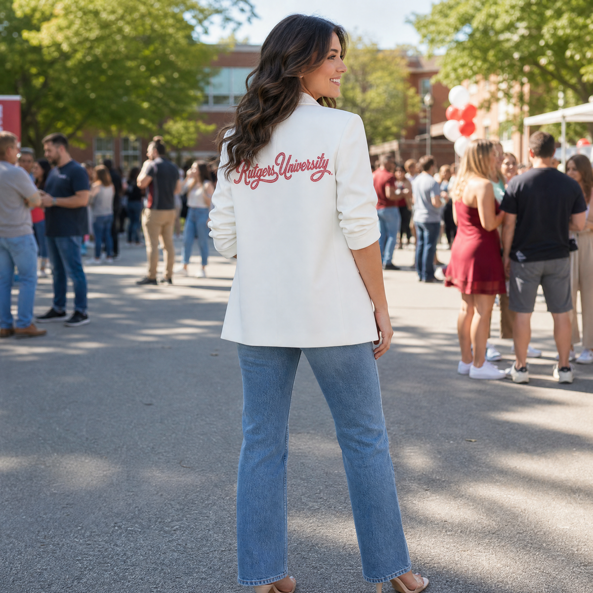 Rutgers University Script White Ruched Sleeve Blazer