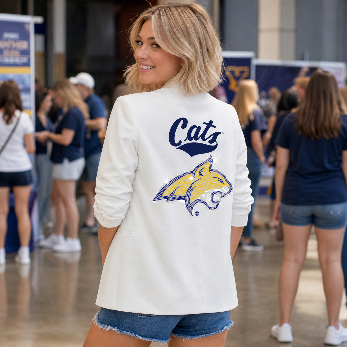 Montana State Bobcat & Script White Ruched Sleeve Blazer