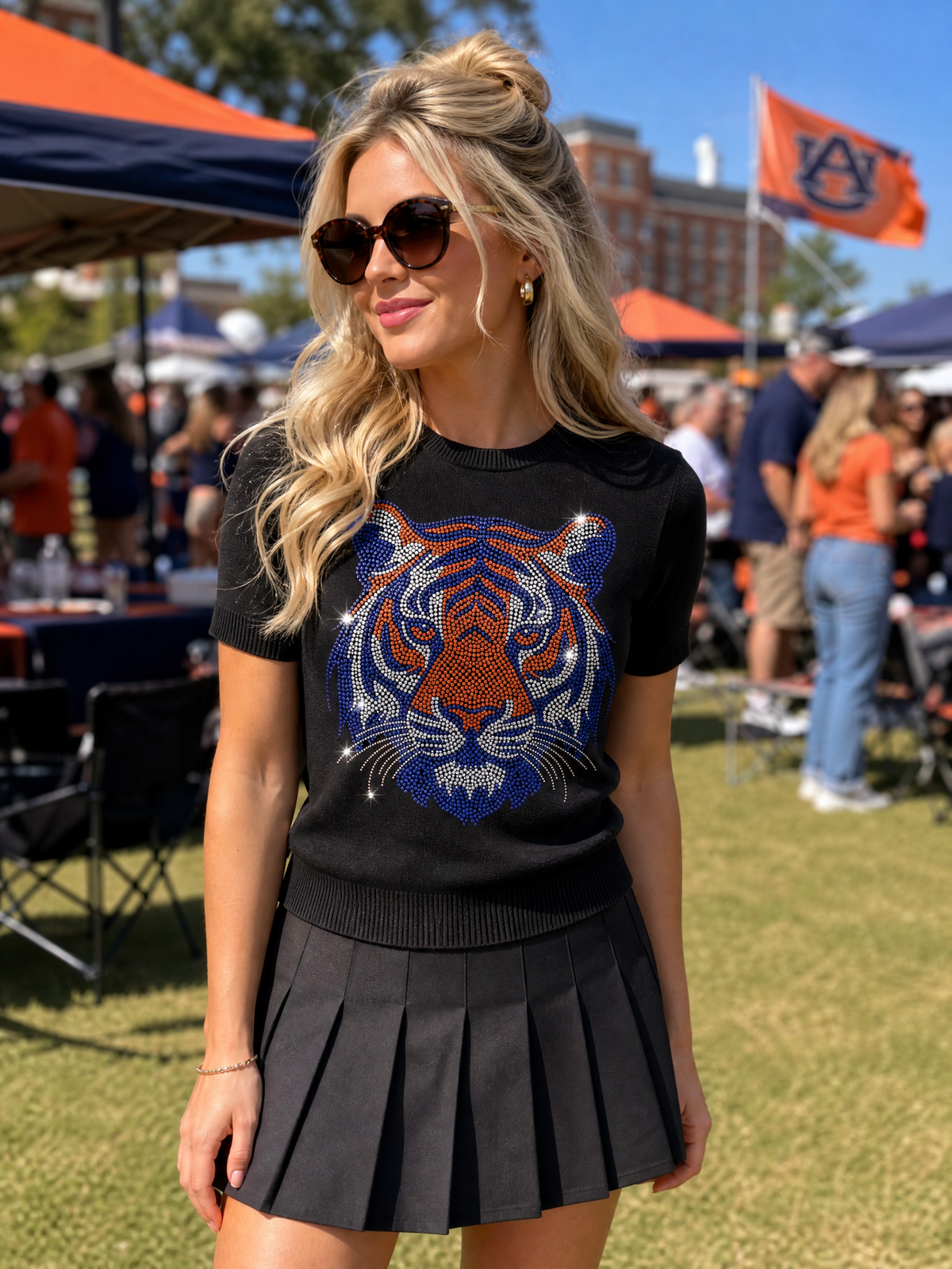 Auburn University Orange & Navy Tiger Black Short Sleeve Sweater