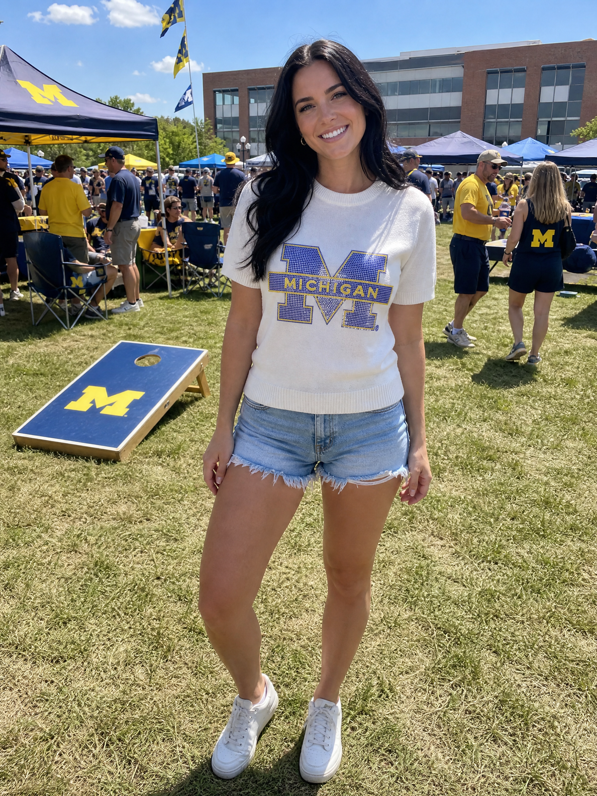 University of Michigan Block M Ivory Short Sleeve Sweater