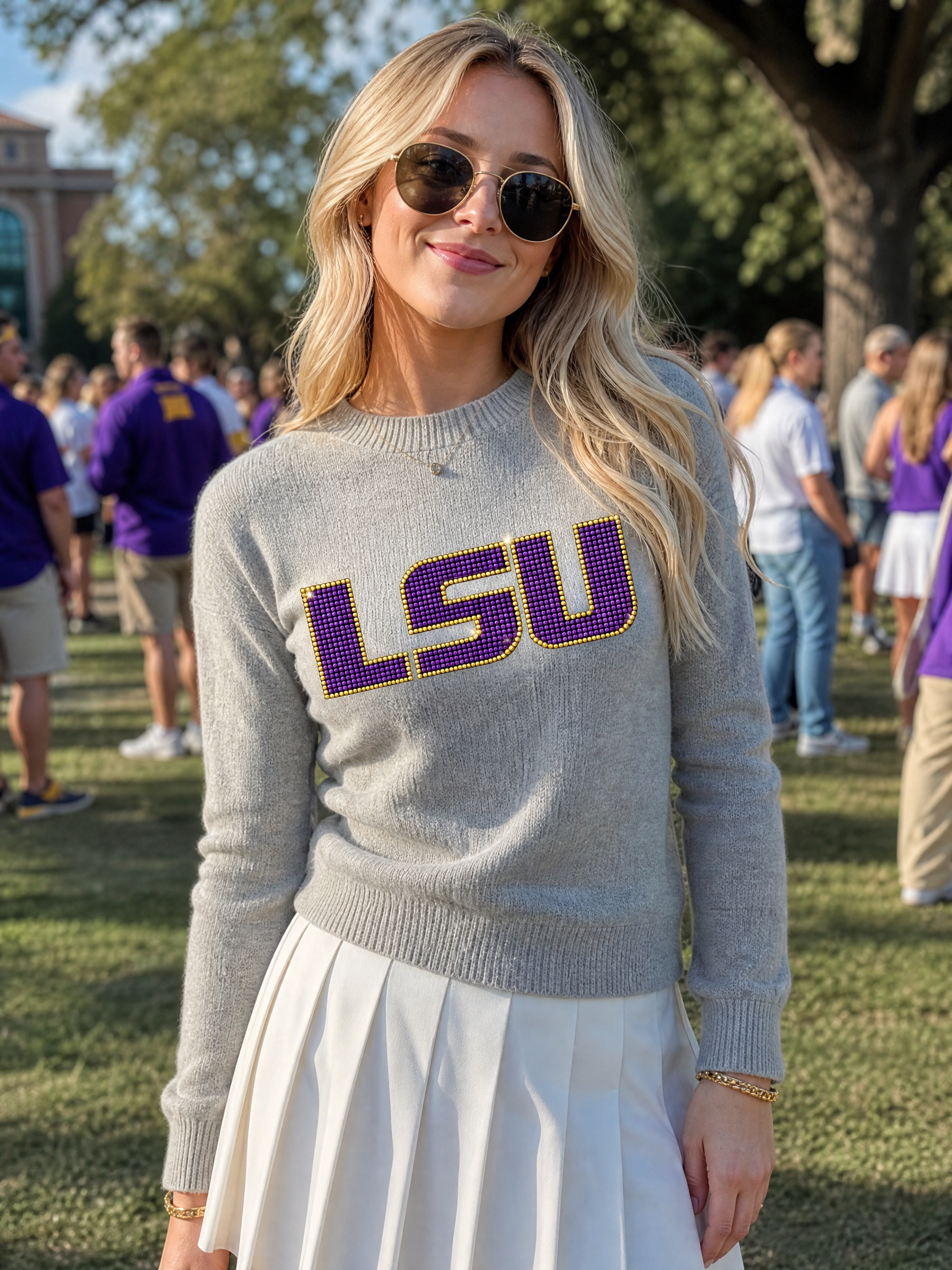 Louisiana State University Crystal Block Letters Gray Crewneck Sweater