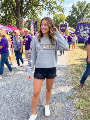 James Madison Logo and Dukes Gray Crewneck Sweater