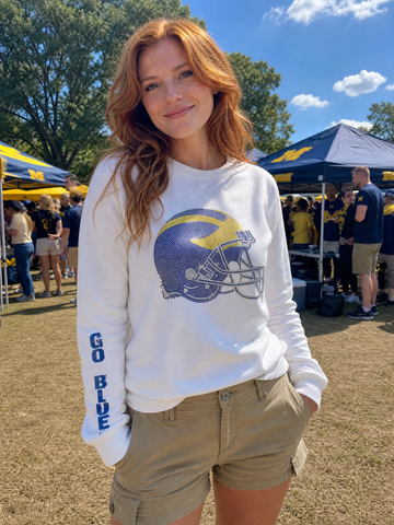 University of Michigan Helmet Go Blue White Crewneck Sweatshirt