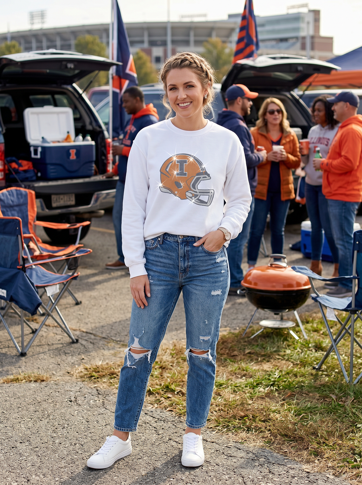 University of Illinois Helmet Crewneck White Sweatshirt