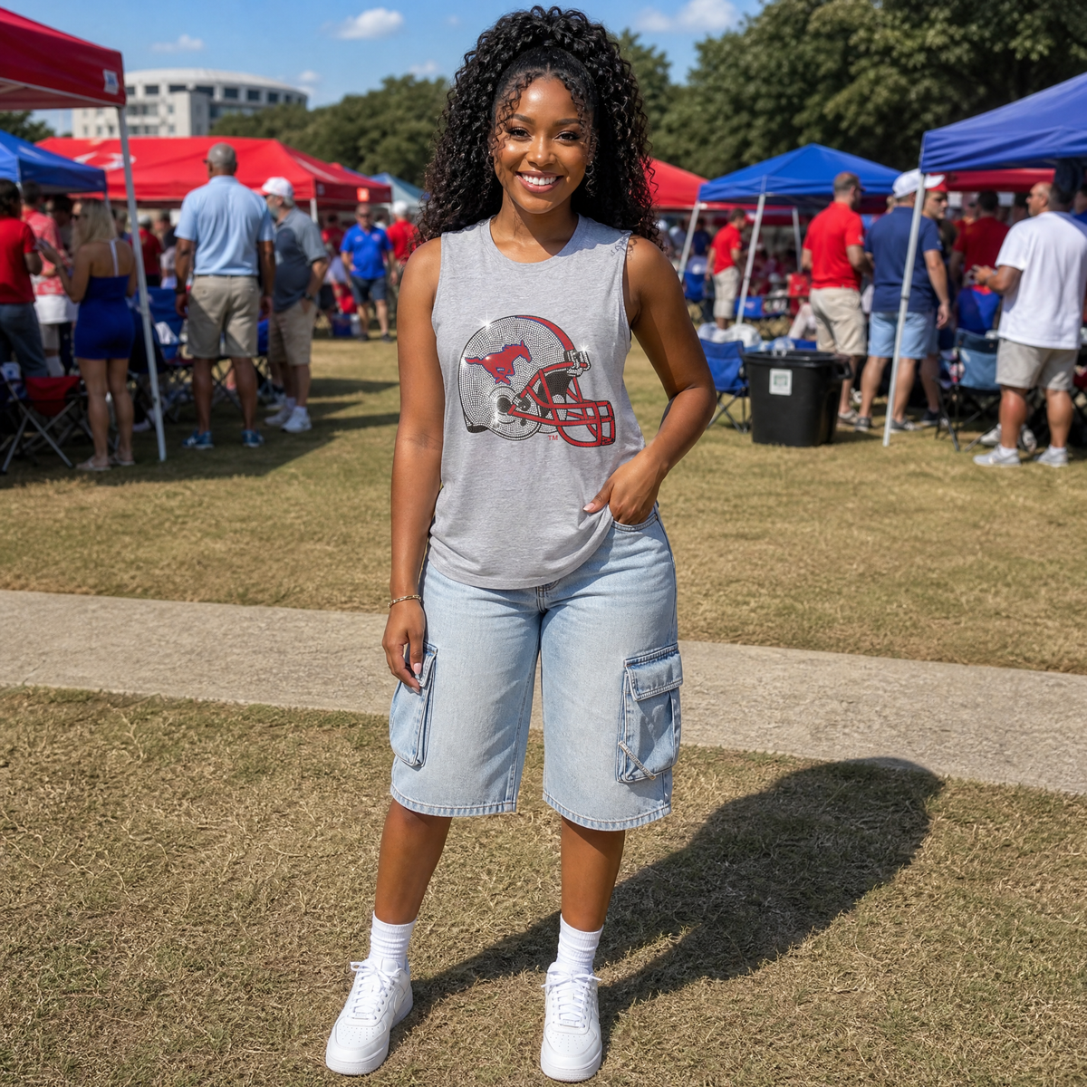 SMU Helmet Gray Crewneck Tank Top