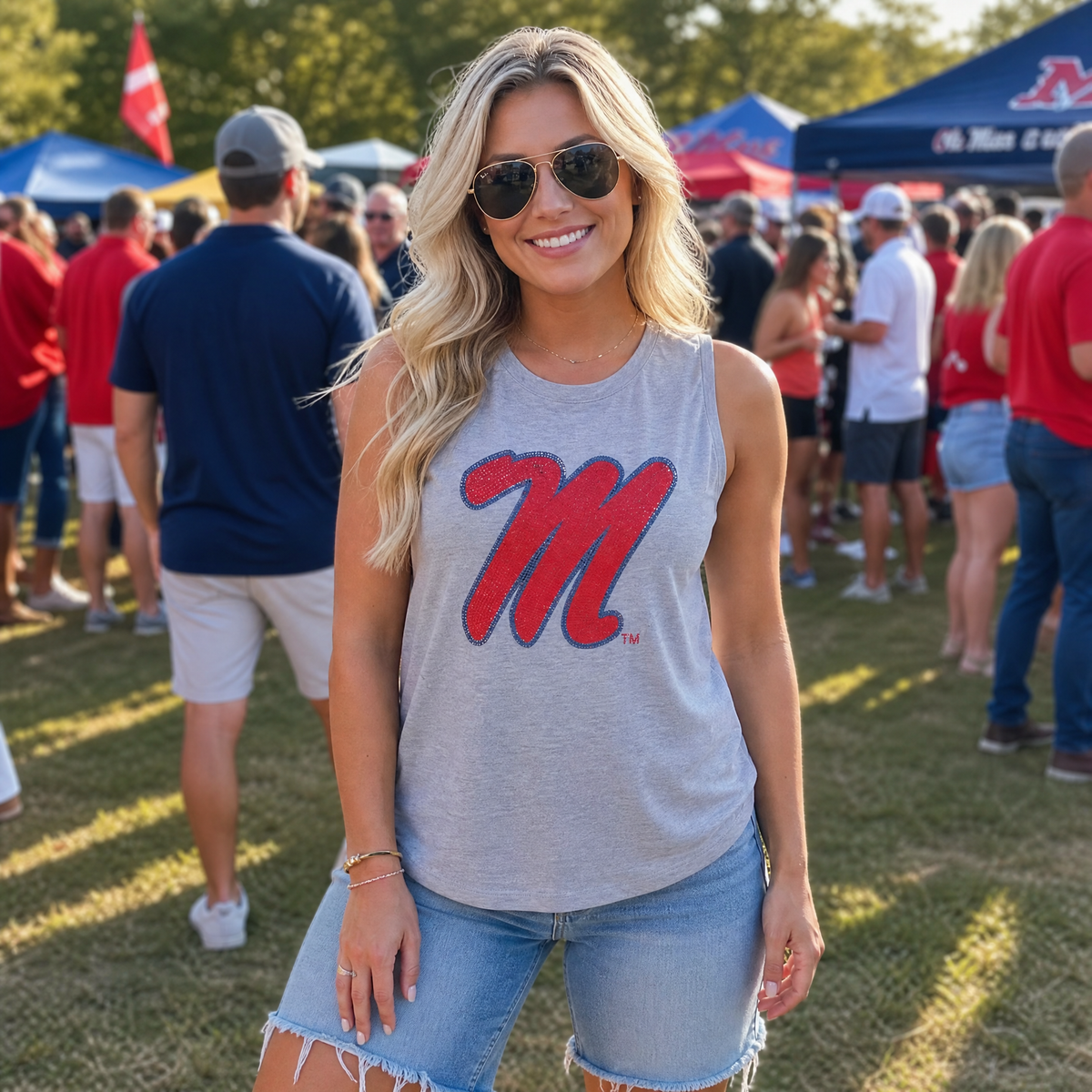 University of Mississippi Script M Gray Crewneck Tank Top