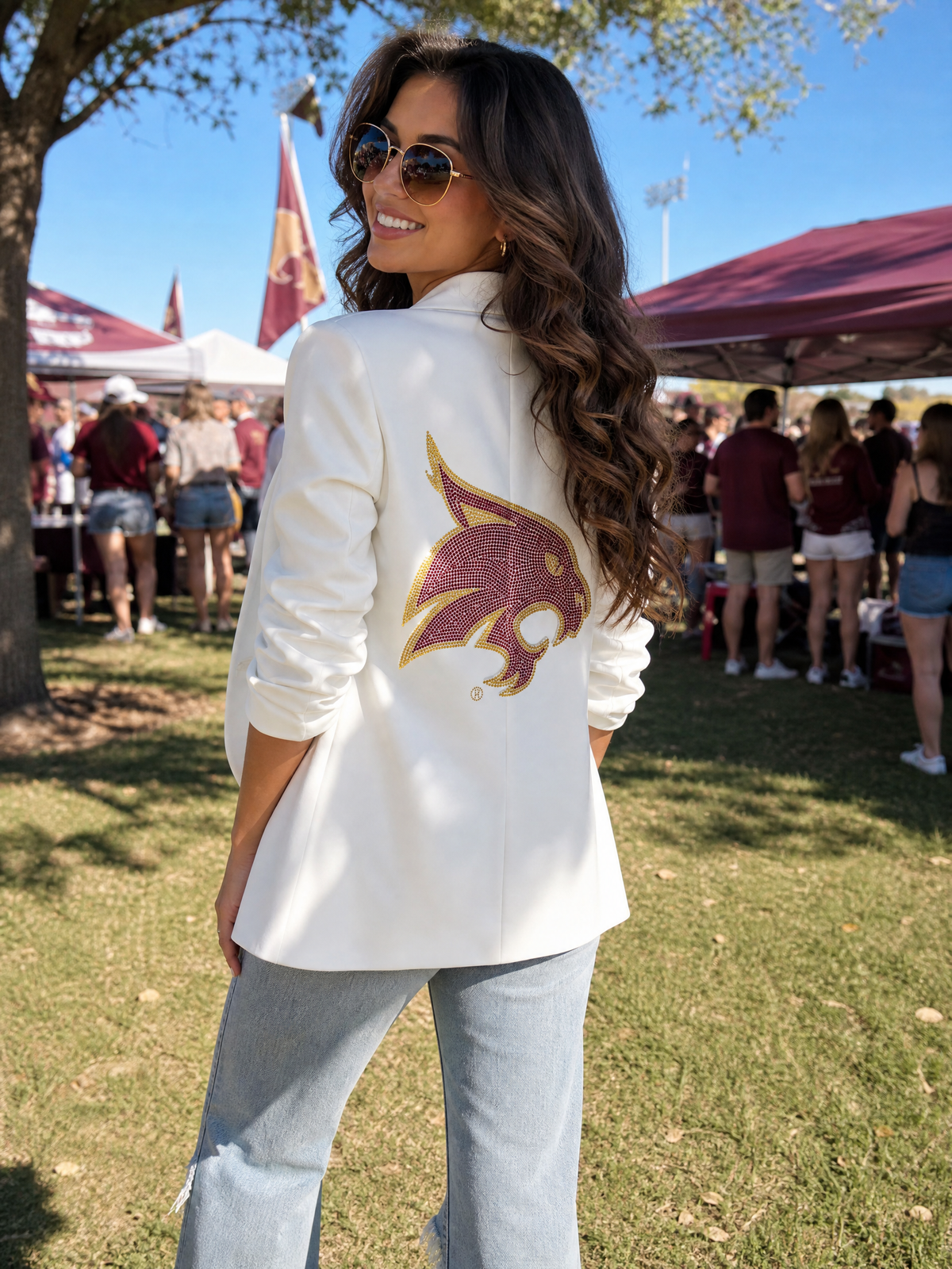 Texas State Bobcat White Ruched Sleeve Blazer