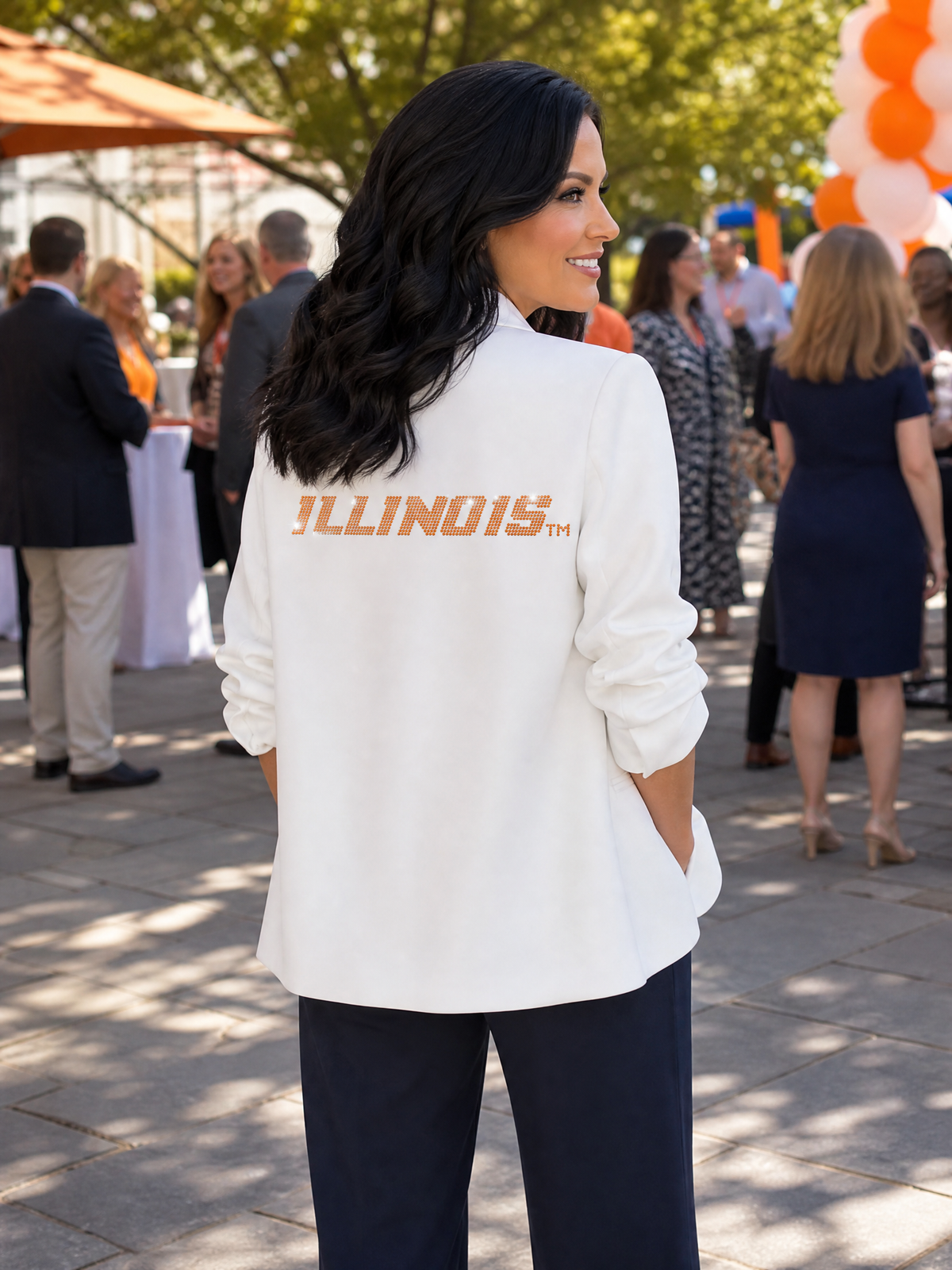 University of Illinois Text White Ruched Sleeve Blazer