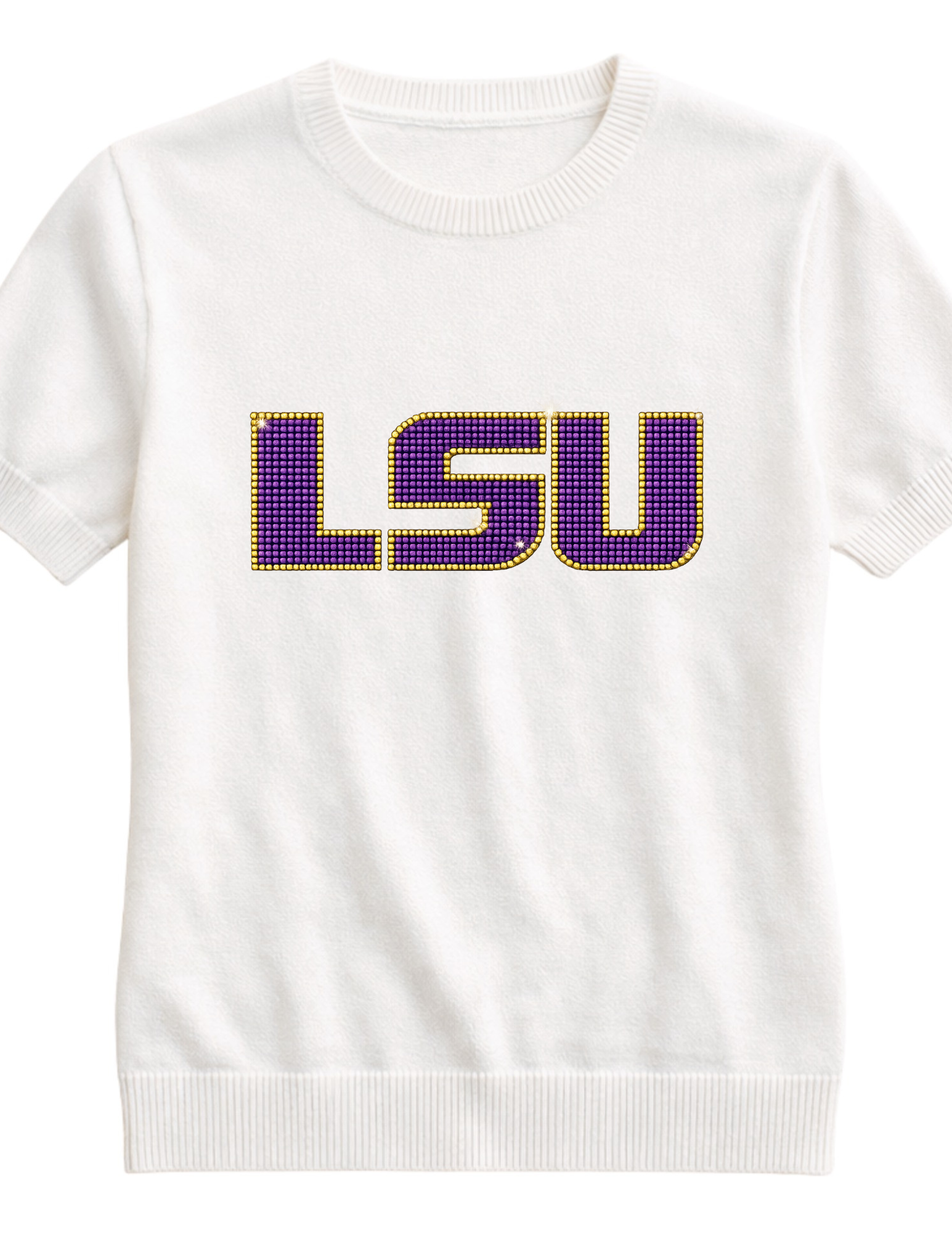 Louisiana State University Crystal Block Letters Ivory Short Sleeve Sweater