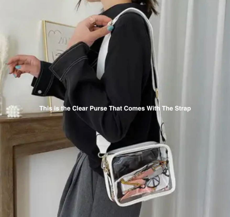 Person holding a clear purse with a strap, showing the clear interior.